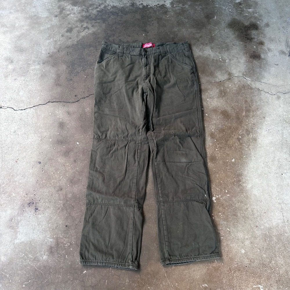 Coleman Flannel Lined Work Pants Mens 34x32 Olive Green Good Canvas Utility